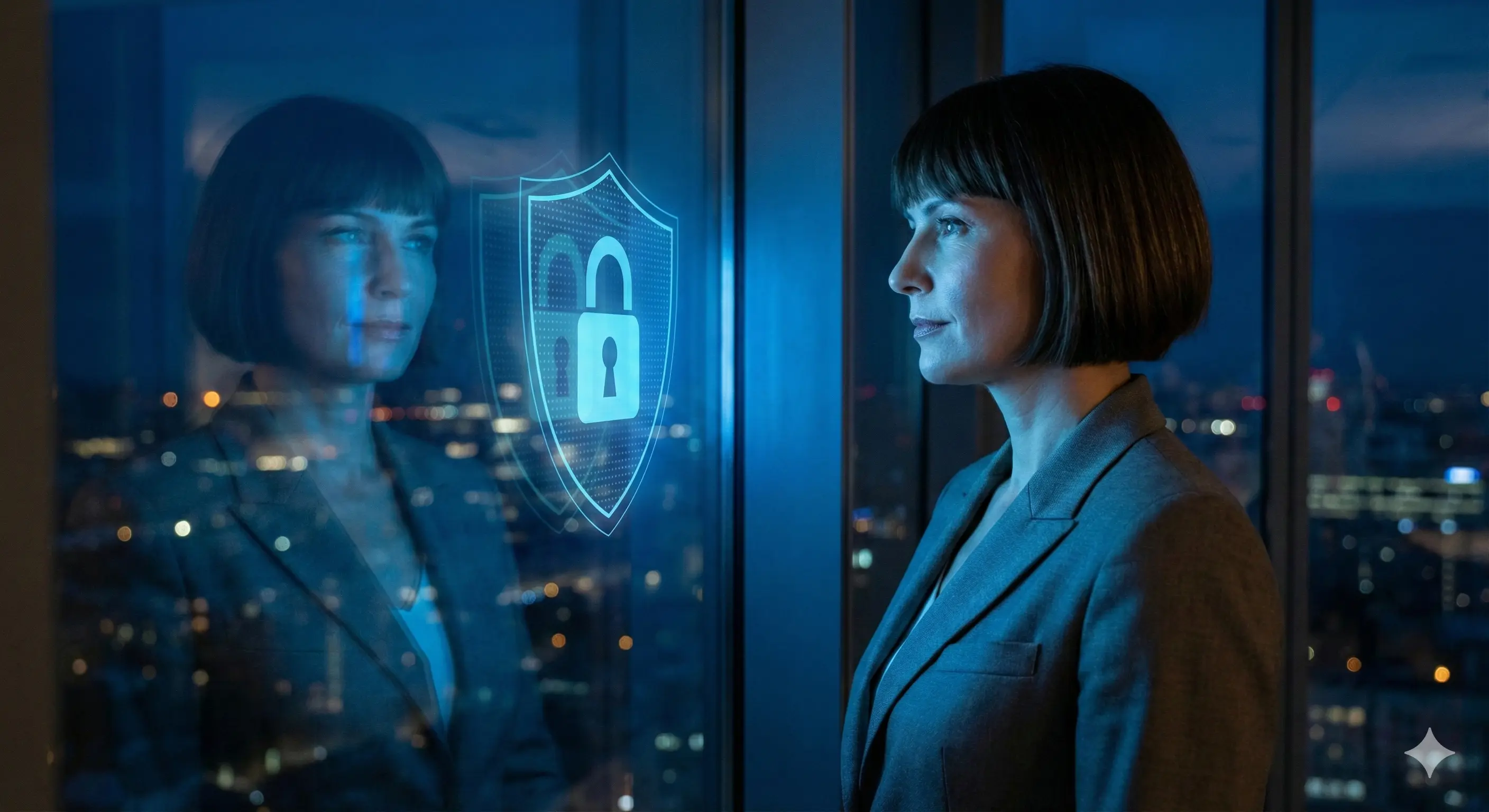 Executiva observando cidade com escudo digital de proteção de dados