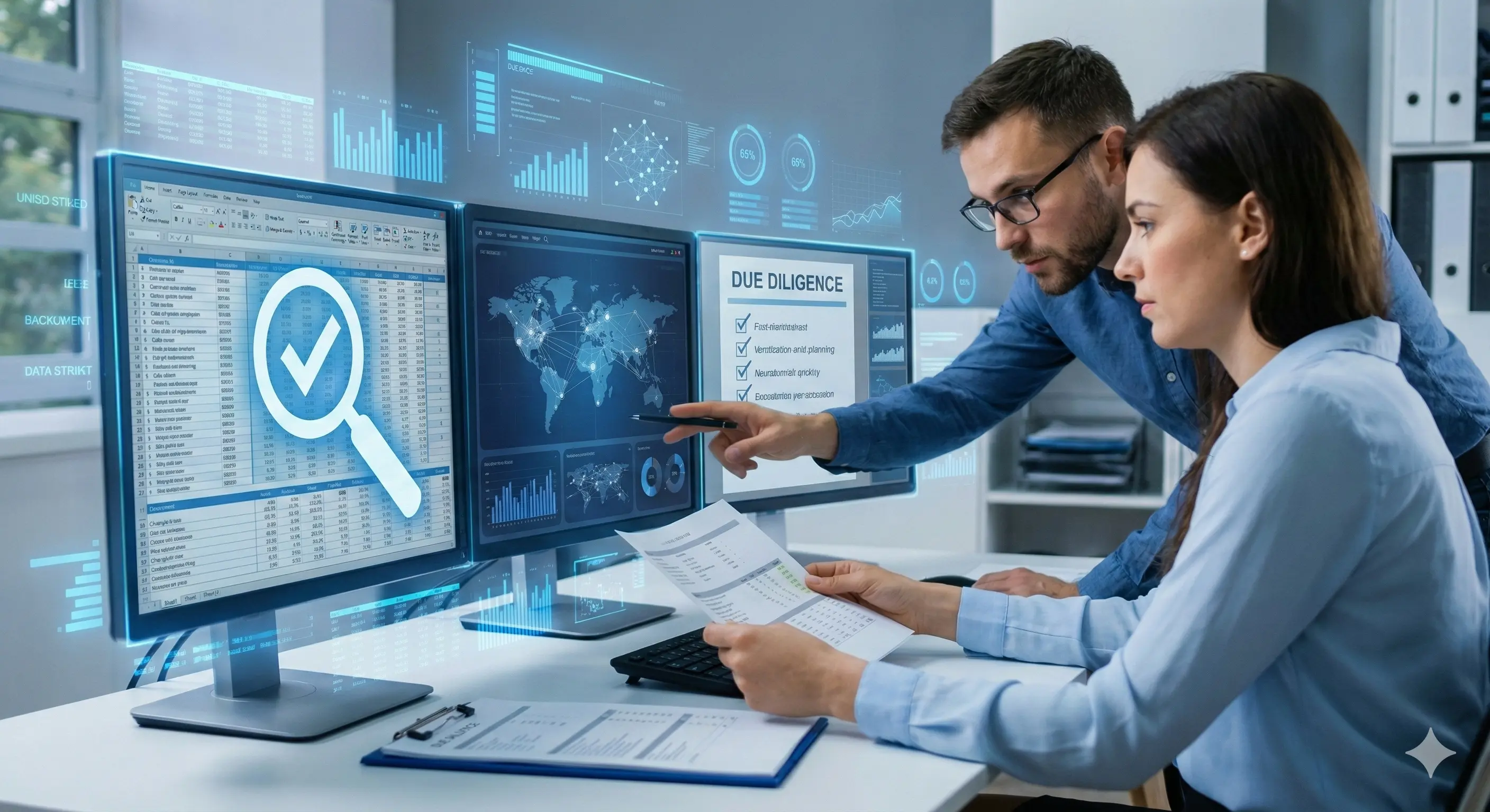 Analistas verificando dados em telas múltiplas para Due Diligence