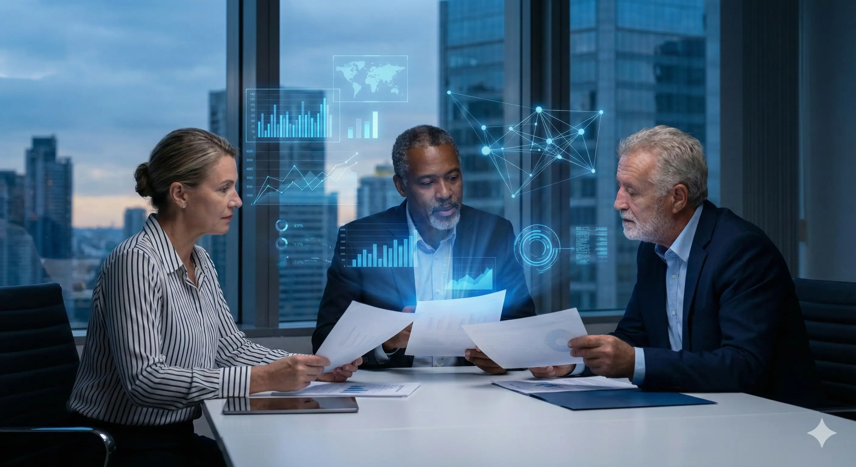 Equipe de executivos analisando dados globais e gráficos holográficos